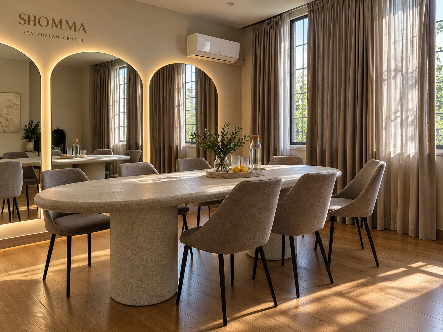 Consultation room with stone table and backlit mirrors
