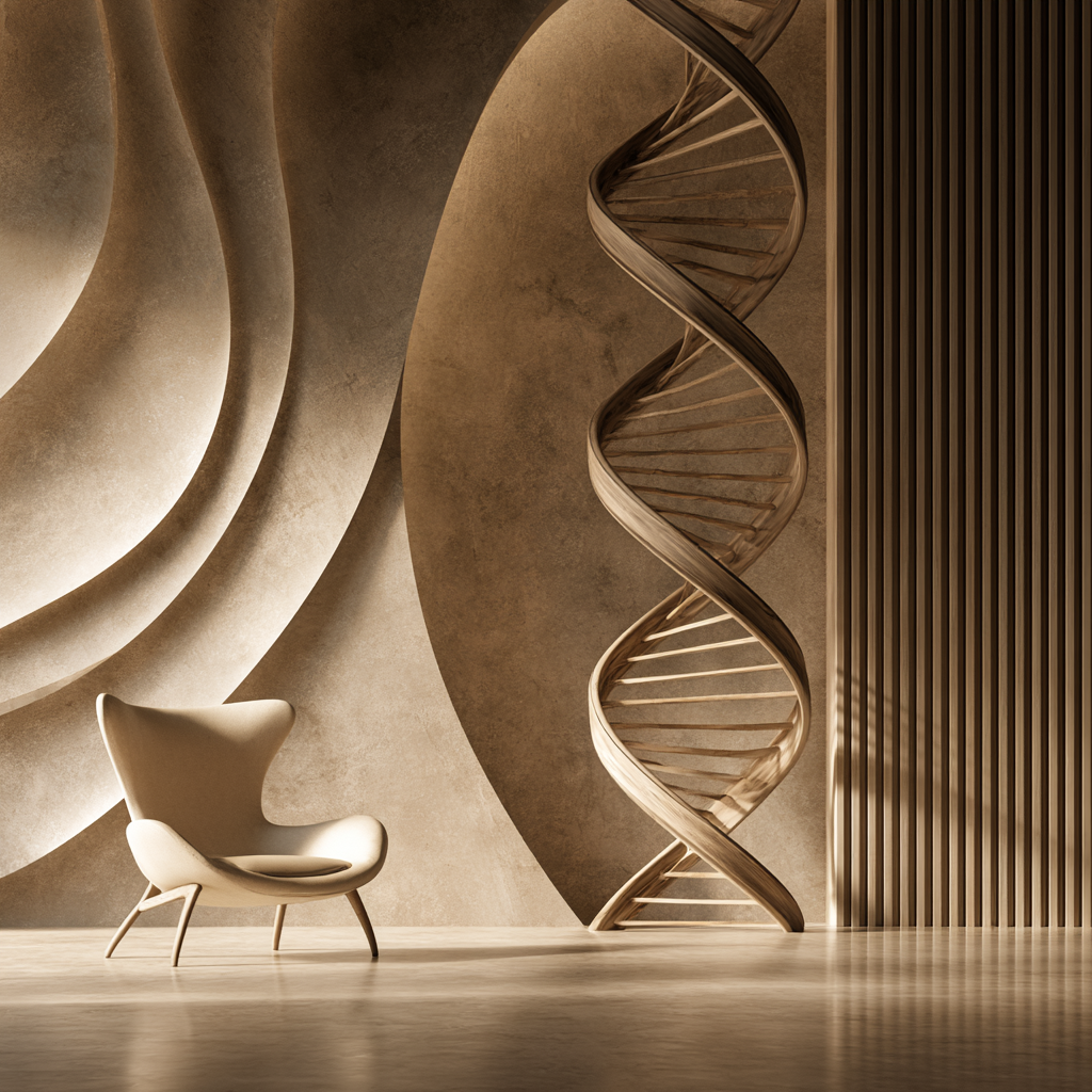 Escultura de una doble hélice de ADN en tonos arena junto a una butaca en un espacio minimalista, símbolo de la salud femenina en cada etapa de la vida