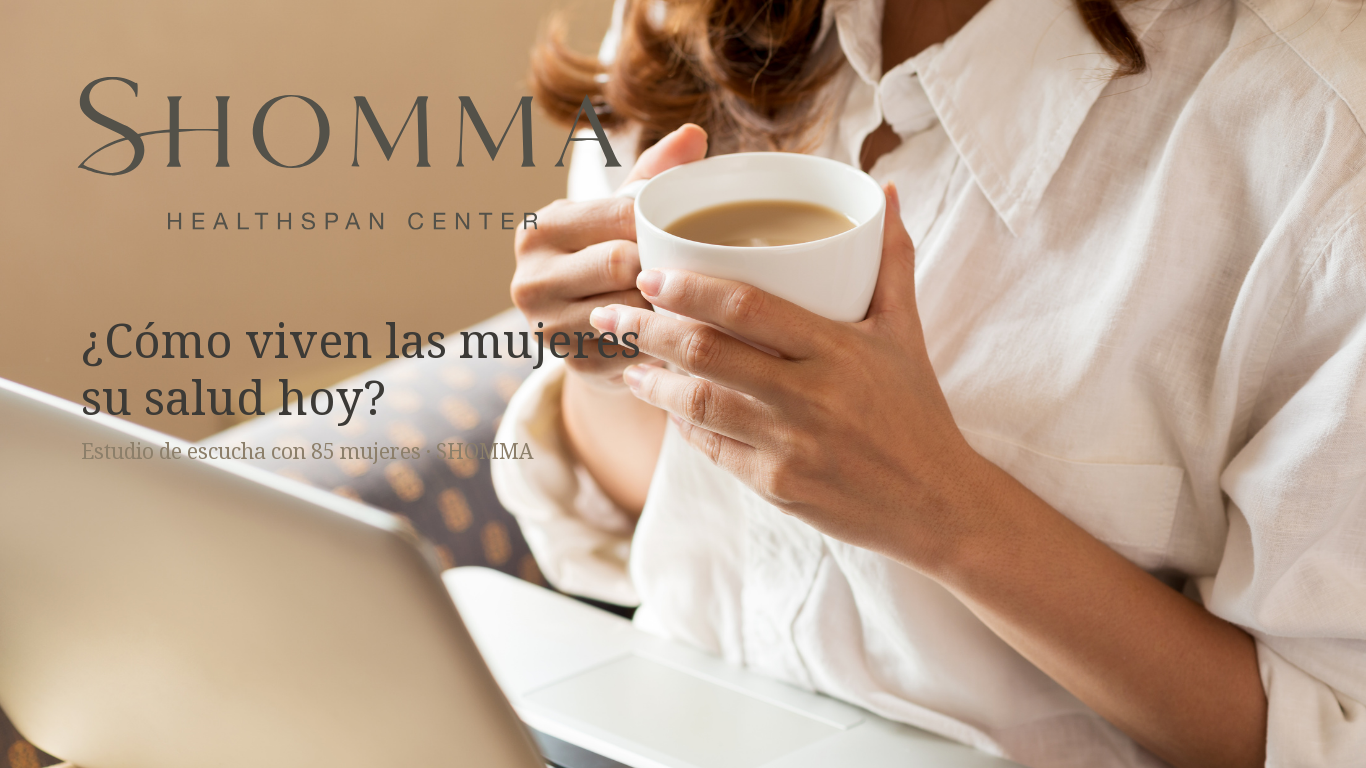 Composición editorial minimalista con el titular ¿Cómo viven las mujeres su salud hoy? y la referencia al estudio de escucha de SHOMMA con 85 mujeres