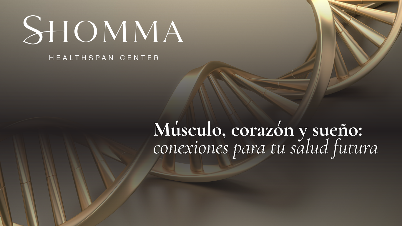 Doble hélice de ADN dorada que representa la conexión entre músculo, corazón, sueño y salud futura