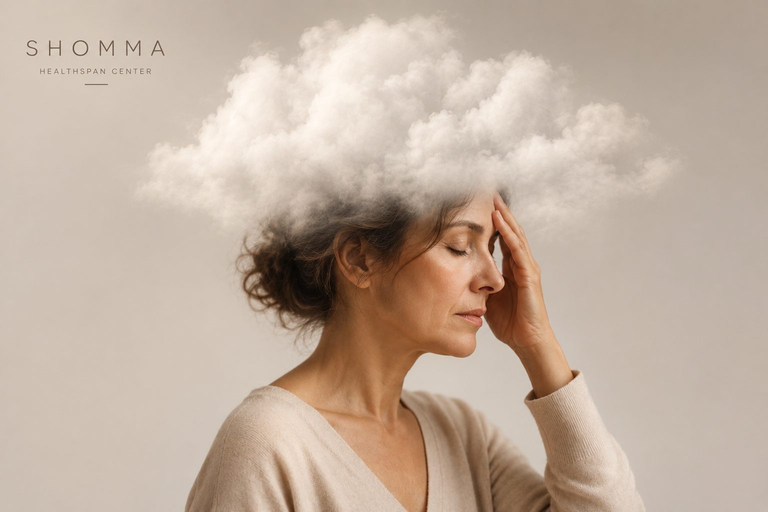 Mujer en perimenopausia con una nube sobre la cabeza, representación visual de la niebla mental o brain fog.