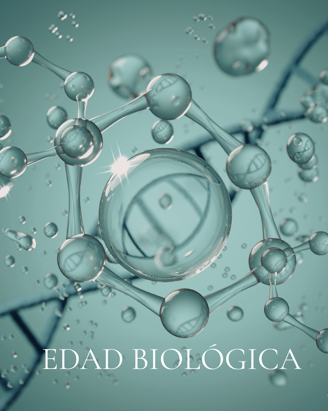Representación 3D de moléculas y ADN con el texto EDAD BIOLÓGICA, símbolo de la medicina de precisión en SHOMMA