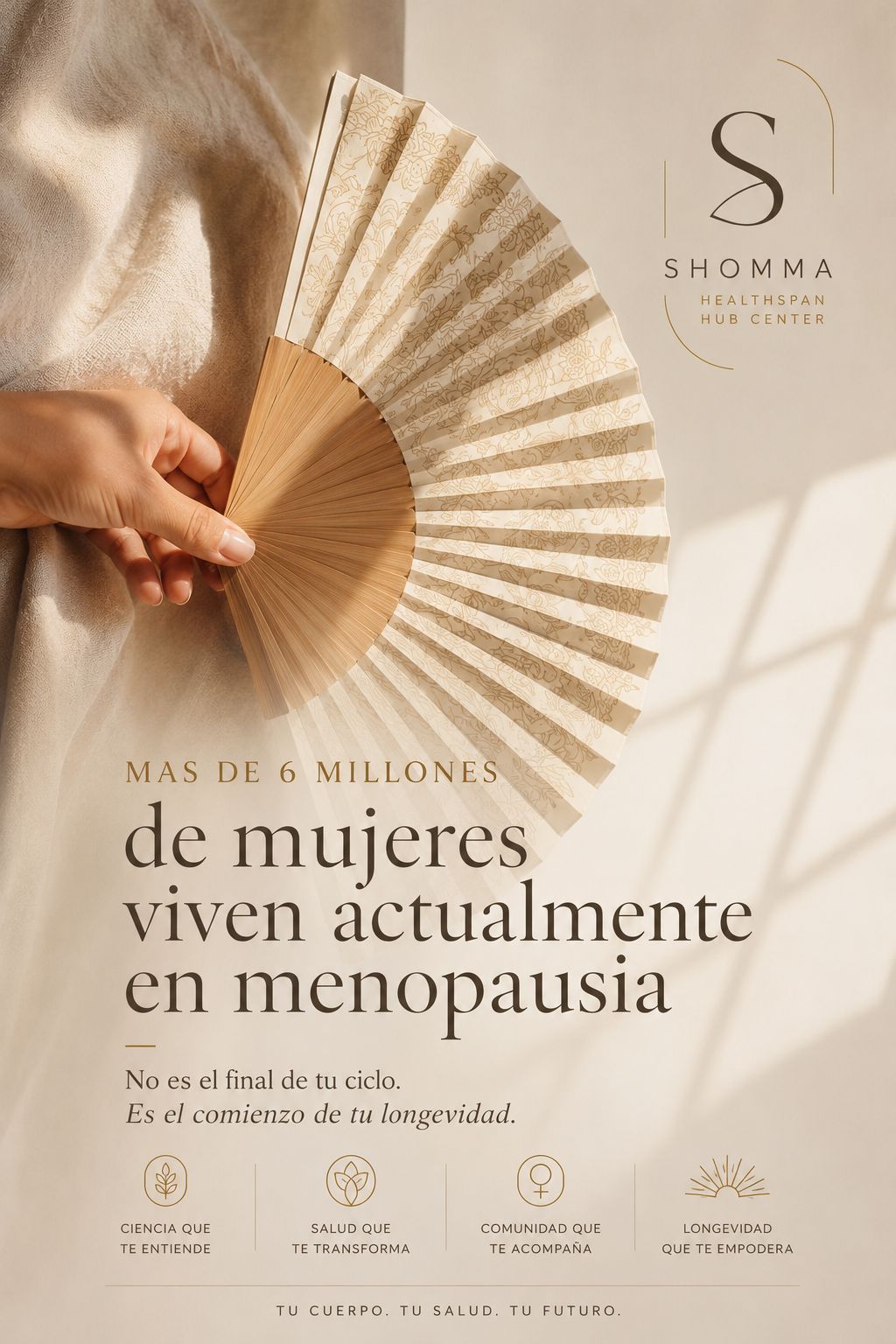 Woman holding a fan next to the SHOMMA logo, representing menopause and female longevity