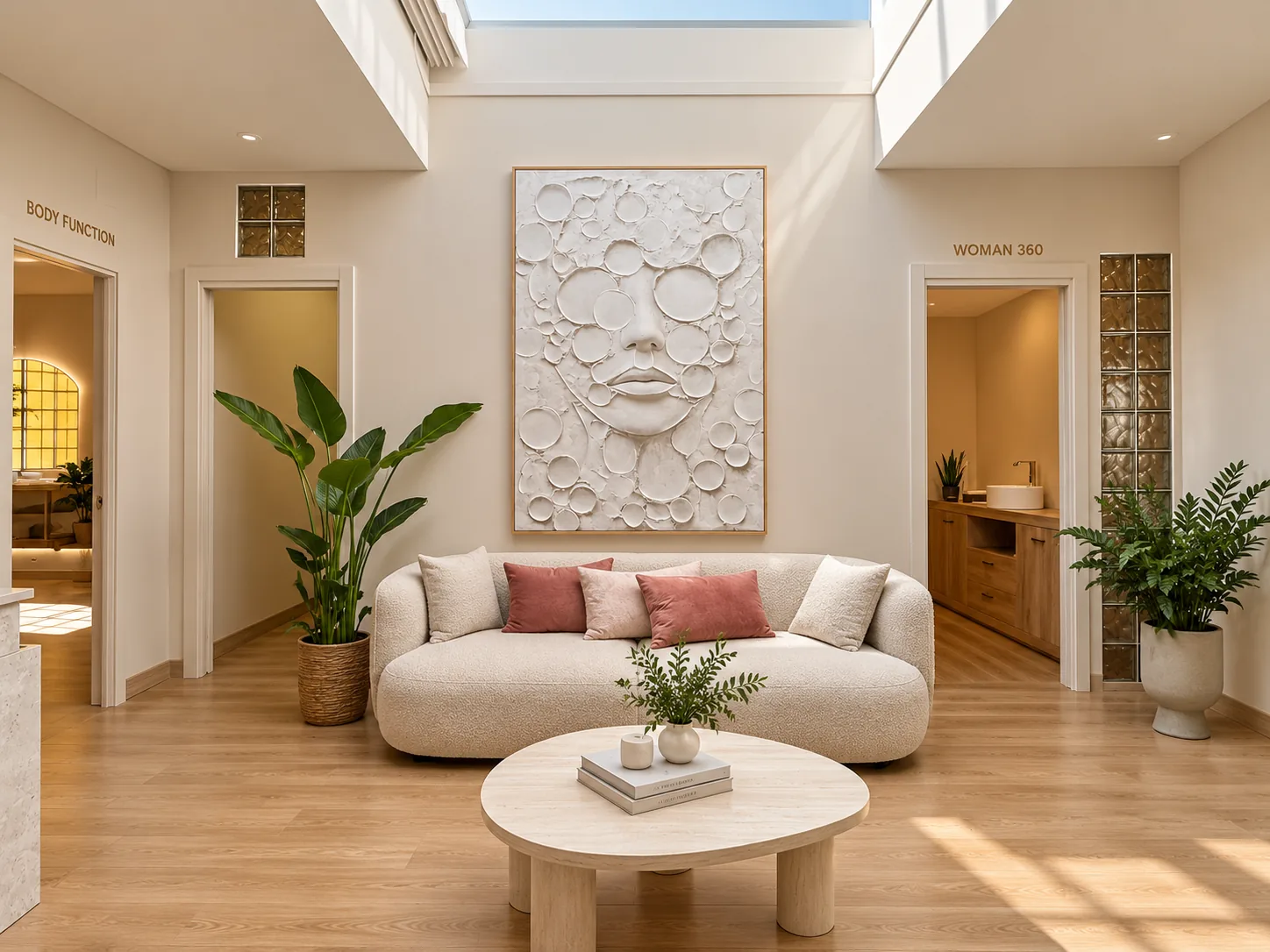 Lounge with curved sofa, wall sculpture and natural light