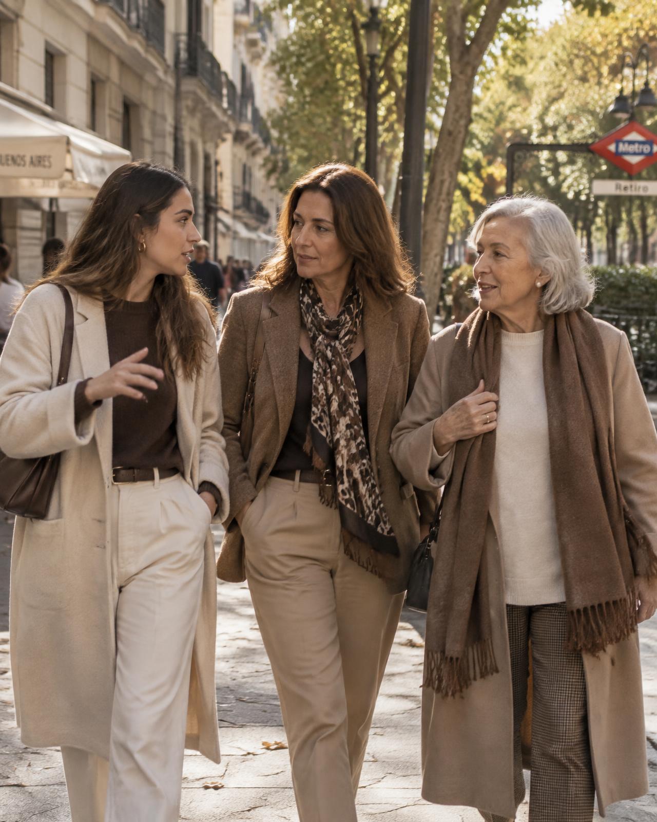 Tres mujeres de distintas generaciones caminan y conversan por una calle de Madrid